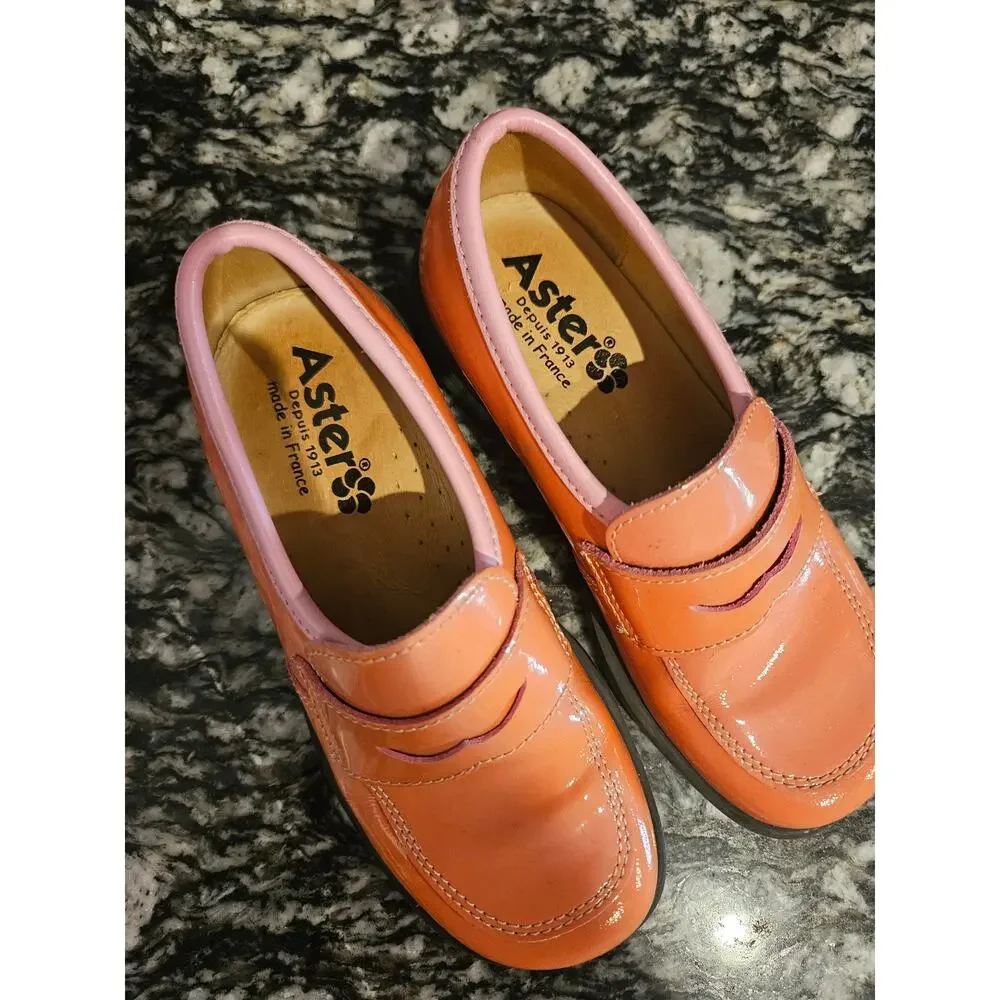Aster orange pink patent leather penny loafers made in France little girls us 11